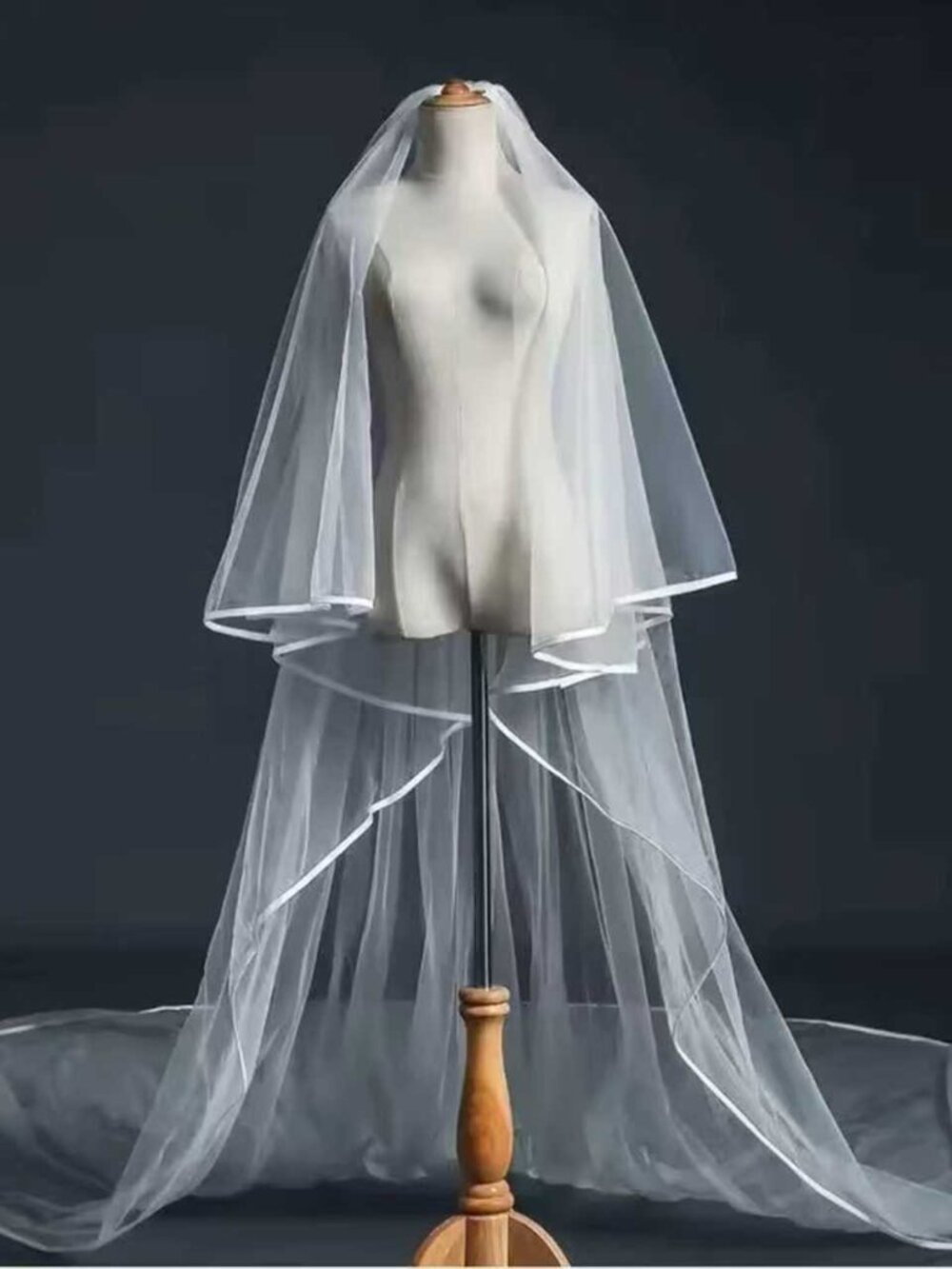 118" Wide Satin Ribbon Trim Bridal Veil 2-Tier Long Train